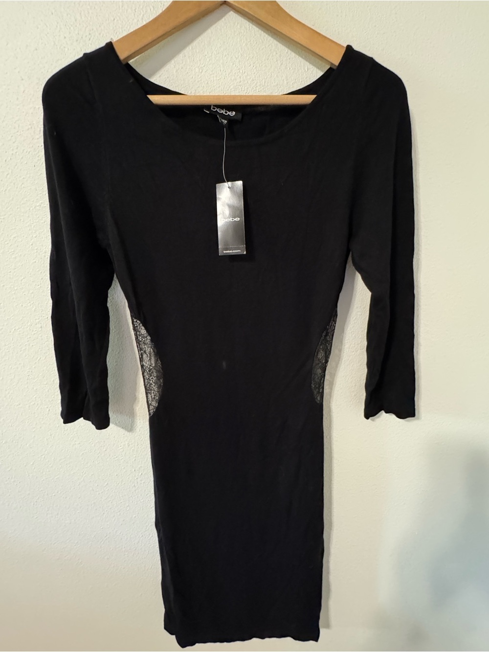 Bebe Illusion Sweater Dress Black Rear Sheer Lace Bodycon Mini Evening NWT-Small